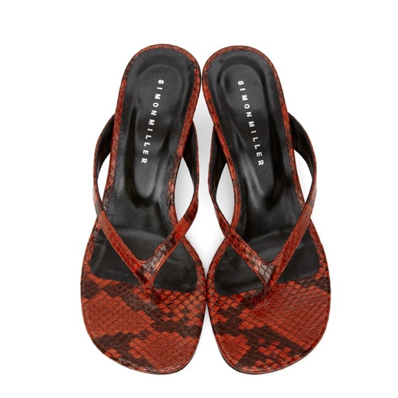 SIMON MILLER Red Lizard Beep Thong Heeled Sandals. Thong Kitten Heel. - Picture 4 of 5